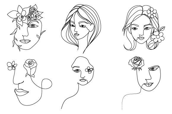 Download Women's Face with Flowers Linear Drawing - Linear Collection